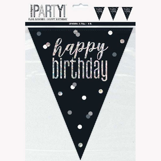 9FT Glitz Black Happy Birthday Flag Banner