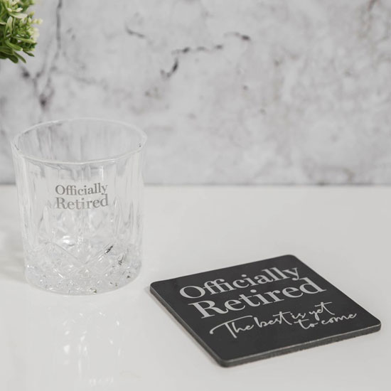 "Officially Retired" Milestones Whiskey Tumbler & Coaster Set