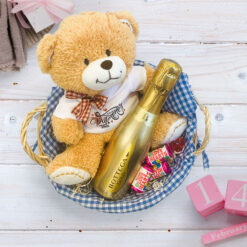 Valentine's Day Personalised Teddy & Mini Champagne Basket - Blue
