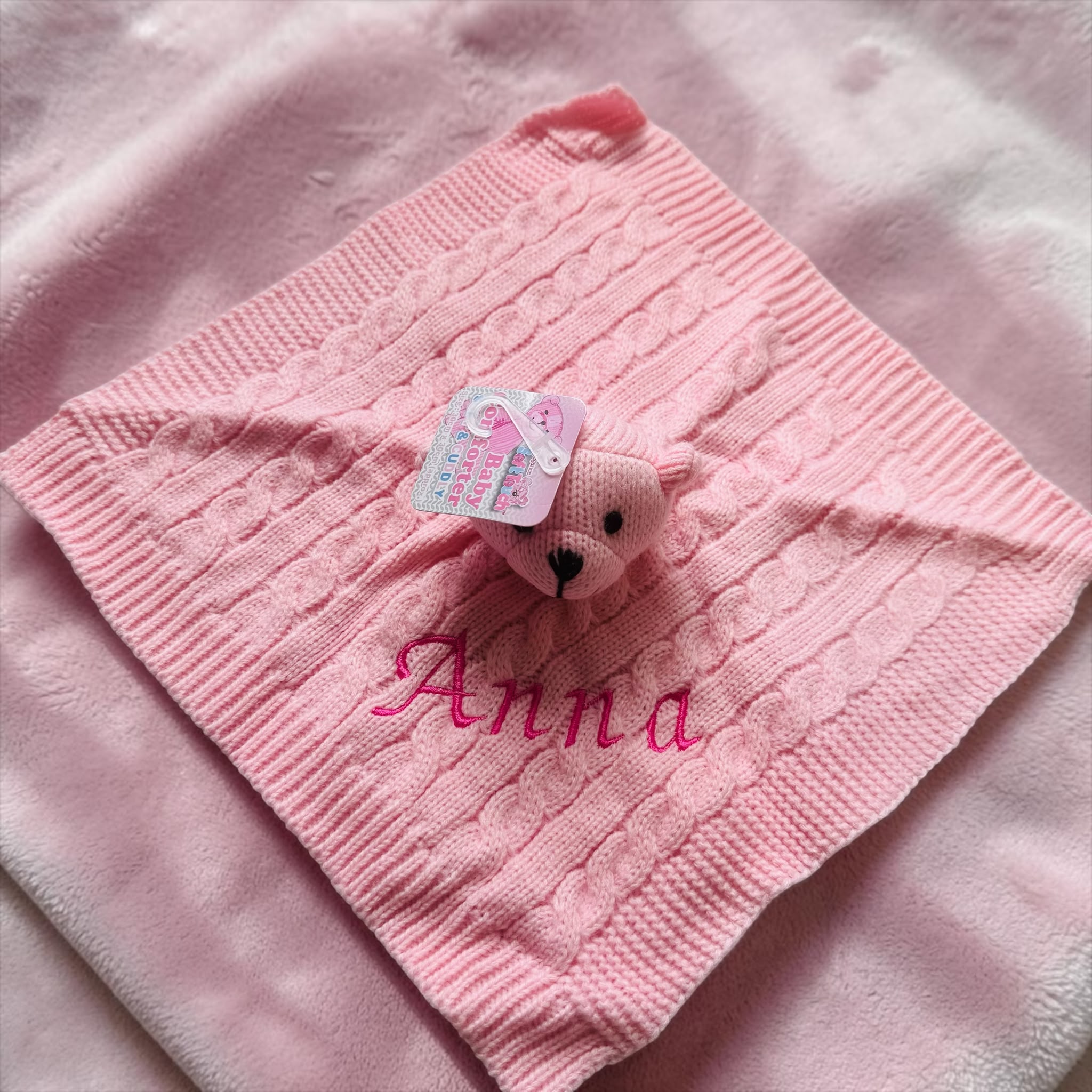 Pink Cable Knit Elegance Bear Comforter (Can Personalise)