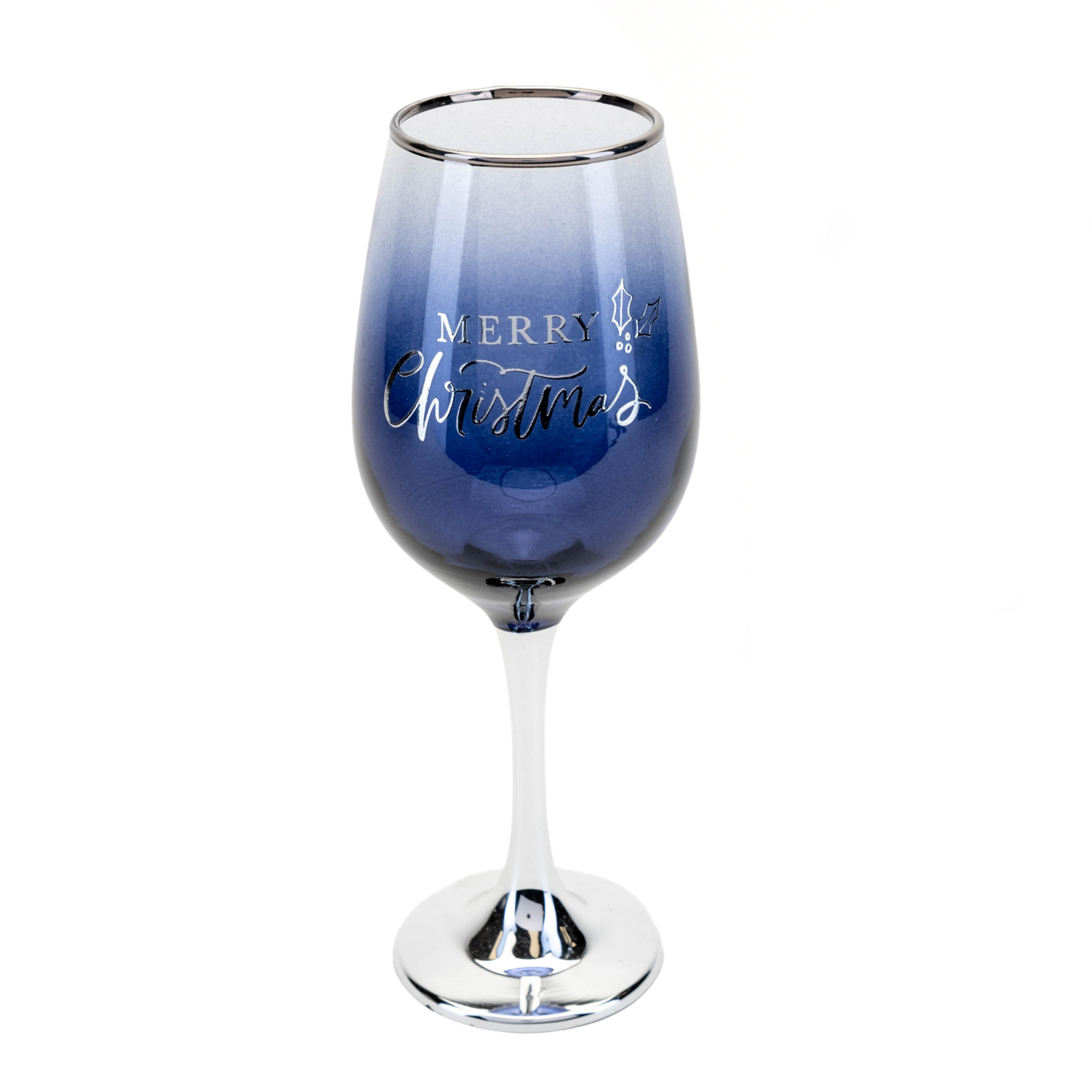 Merry Christmas Blue & Silver Wine Glass