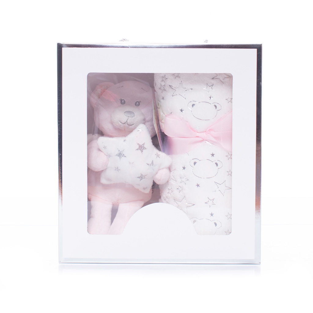 Plush Blue Teddy with Matching Blanket in Gift Box