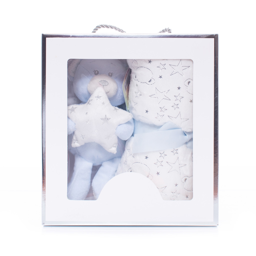 Plush Blue Teddy with Matching Blanket in Gift Box