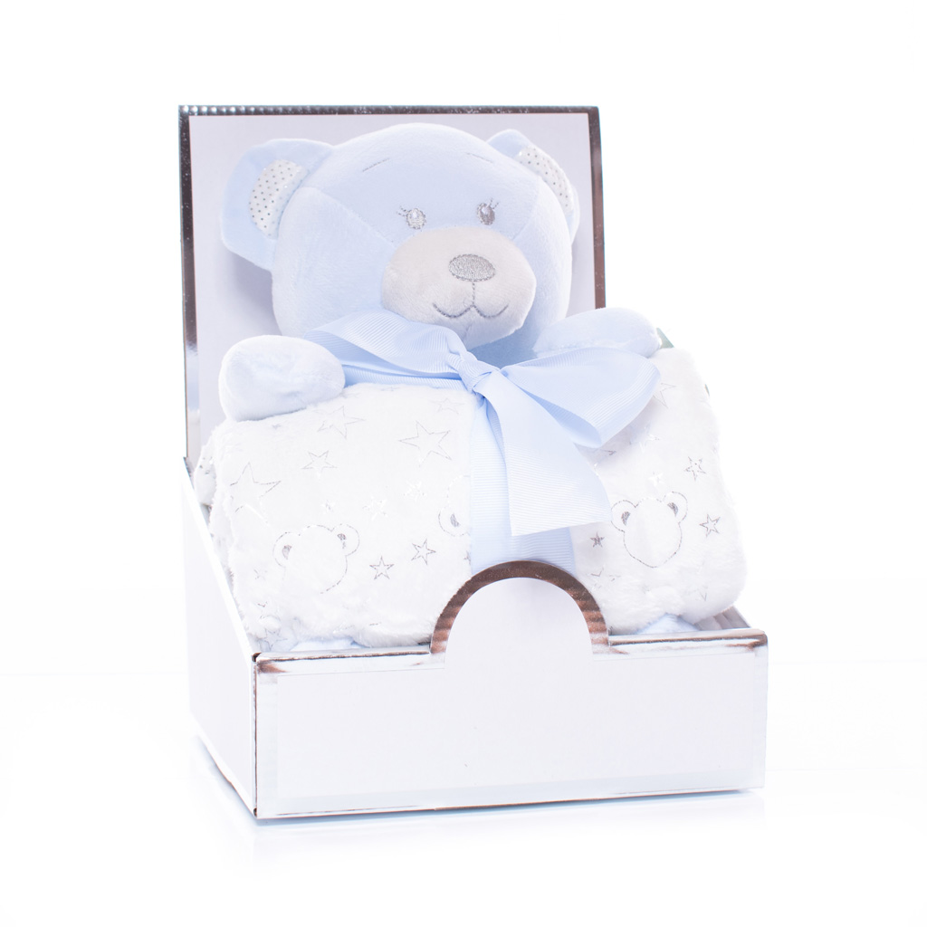 Plush Blue Teddy with Star Blanket in Presentation Gift Box