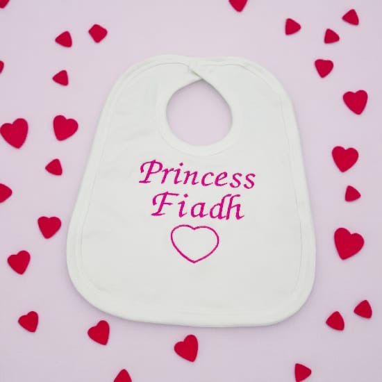 Personalised Embroidered Baby Bib - White (Choose Text Colour)