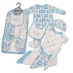 Baby Boys 9 Pieces Gift Set in Mesh Bag - I Love Cuddles (Sleepsuit, Short Sleeved Bodyvest, Bib, Hat, Mittens, 4 Wash Cloths)