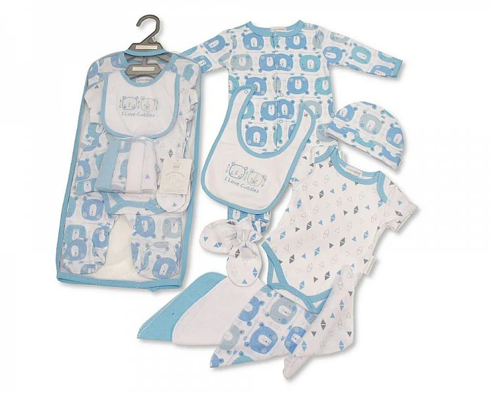 Baby Boys 9 Pieces Gift Set in Mesh Bag - I Love Cuddles (Sleepsuit, Short Sleeved Bodyvest, Bib, Hat, Mittens, 4 Wash Cloths)
