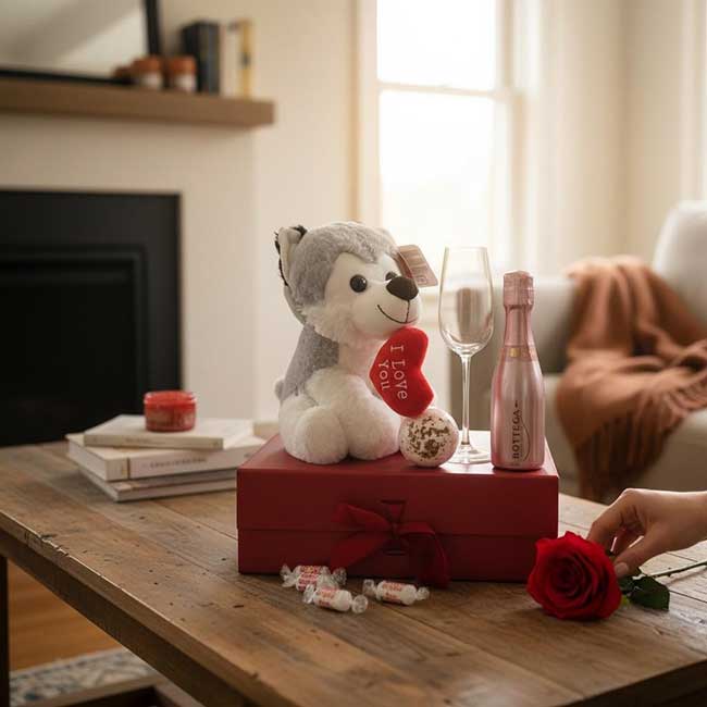 Hugs Bubbles & Love Hamper with Personalised Flute Glass