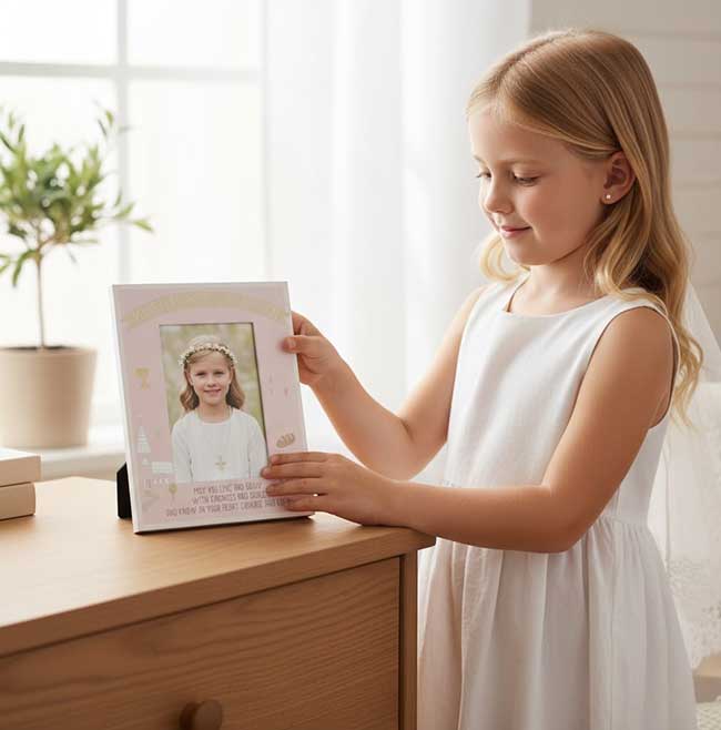 Pink Communion with Gold Writing Photo Frame