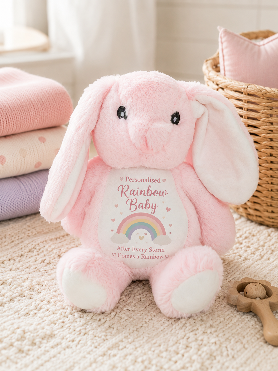 Pink Personalised Rainbow Baby Keepsake Bunny – After Every Storm