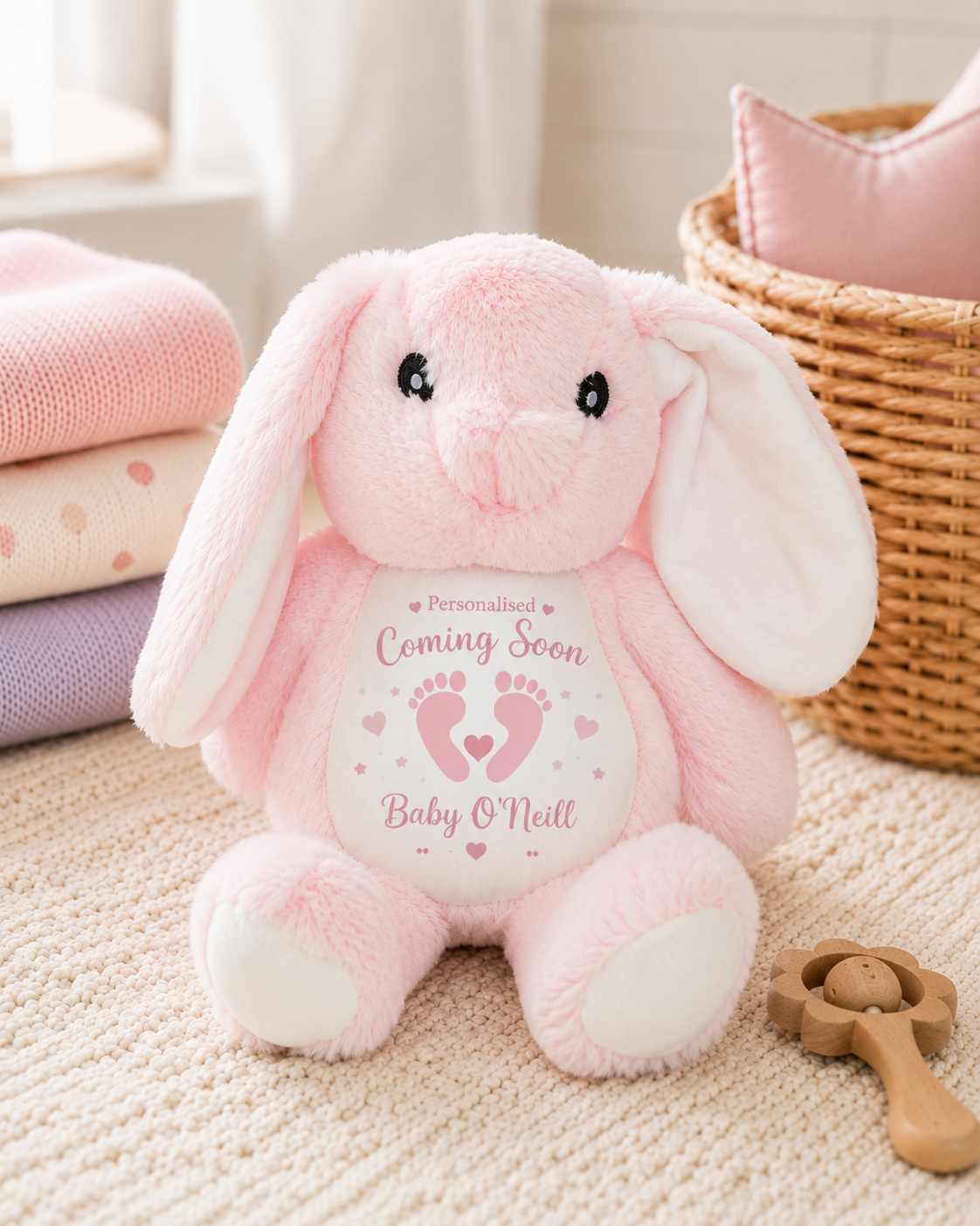 Pink Personalised Pregnancy Announcement Keepsake Bunny – Coming Soon