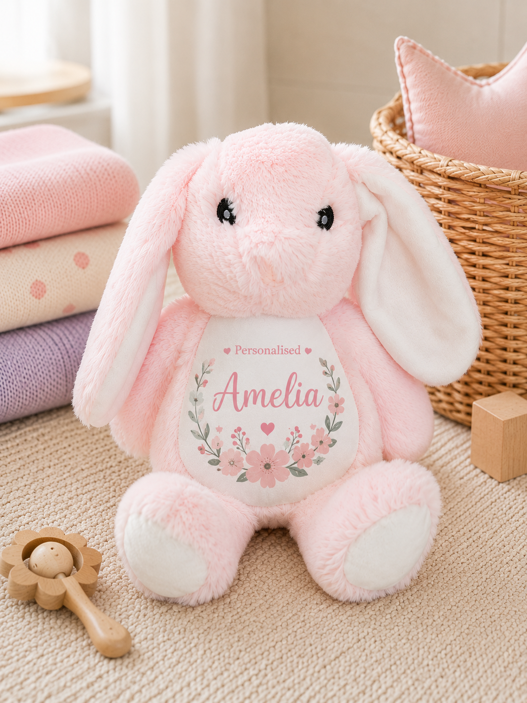 Pink Personalised Floral Name Keepsake Bunny