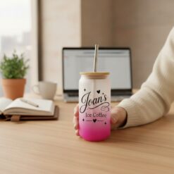 Personalised Iced Coffee Pink Ombré Glass Tumbler – 550ml